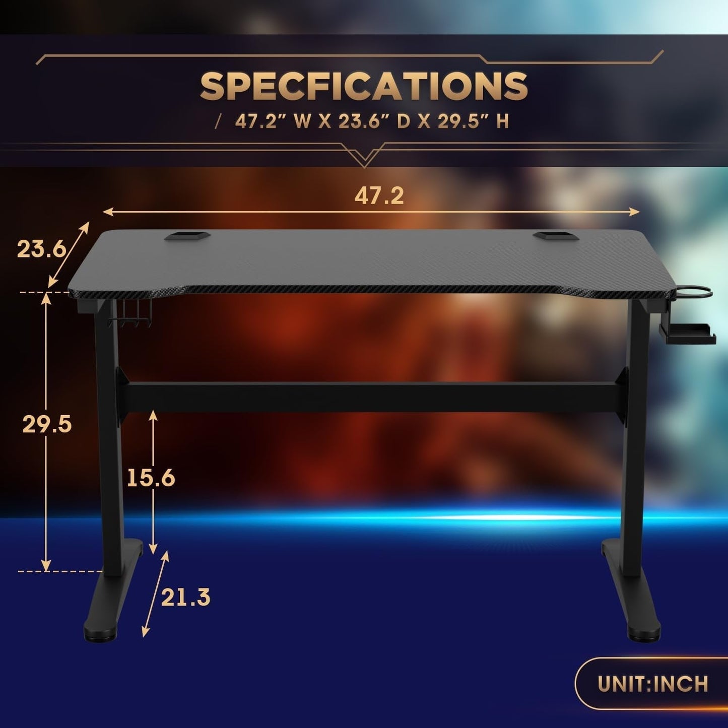 47 Inch Gaming Desk T-Shaped Computer Desk Racing Style Gamer Table with Cup Holder & Headphone Hook Office Desk Modern Workstation for Home Office & PC Gaming Setup-2