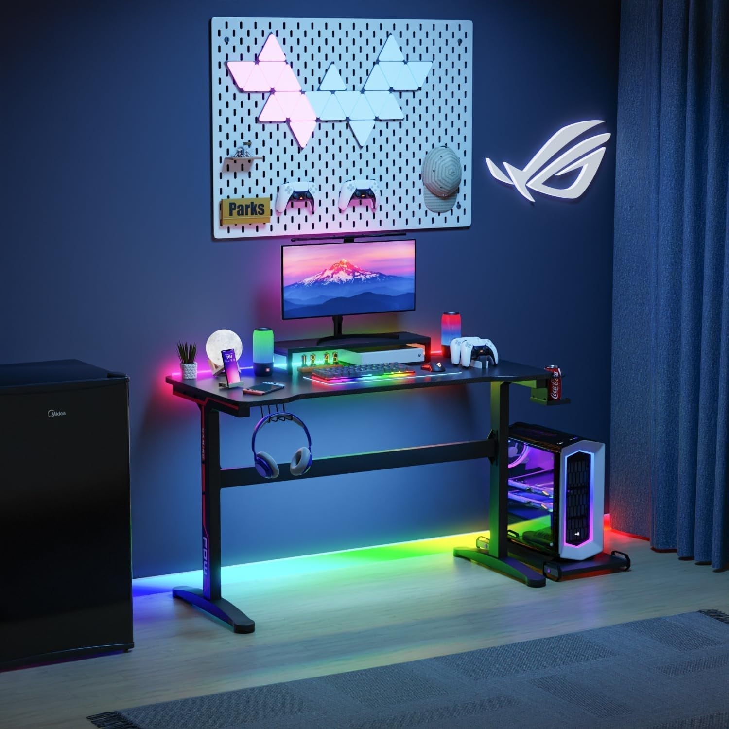 47 Inch Gaming Desk T-Shaped Computer Desk Racing Style Gamer Table with Cup Holder & Headphone Hook Office Desk Modern Workstation for Home Office & PC Gaming Setup-1