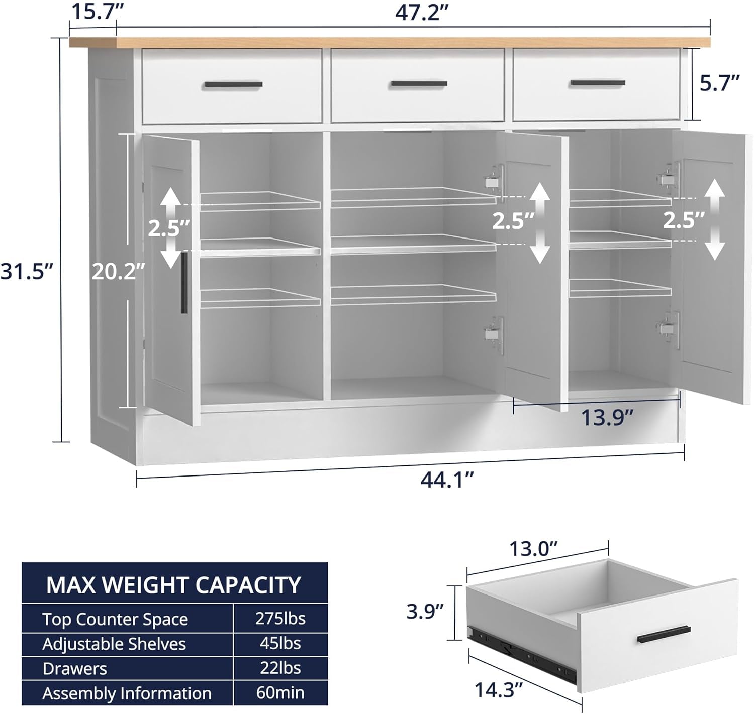 White Buffet Cabinet With Storage 47W Three Doors Drawers-2