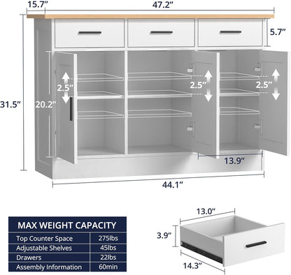 White Buffet Cabinet With Storage 47W Three Doors Drawers-2