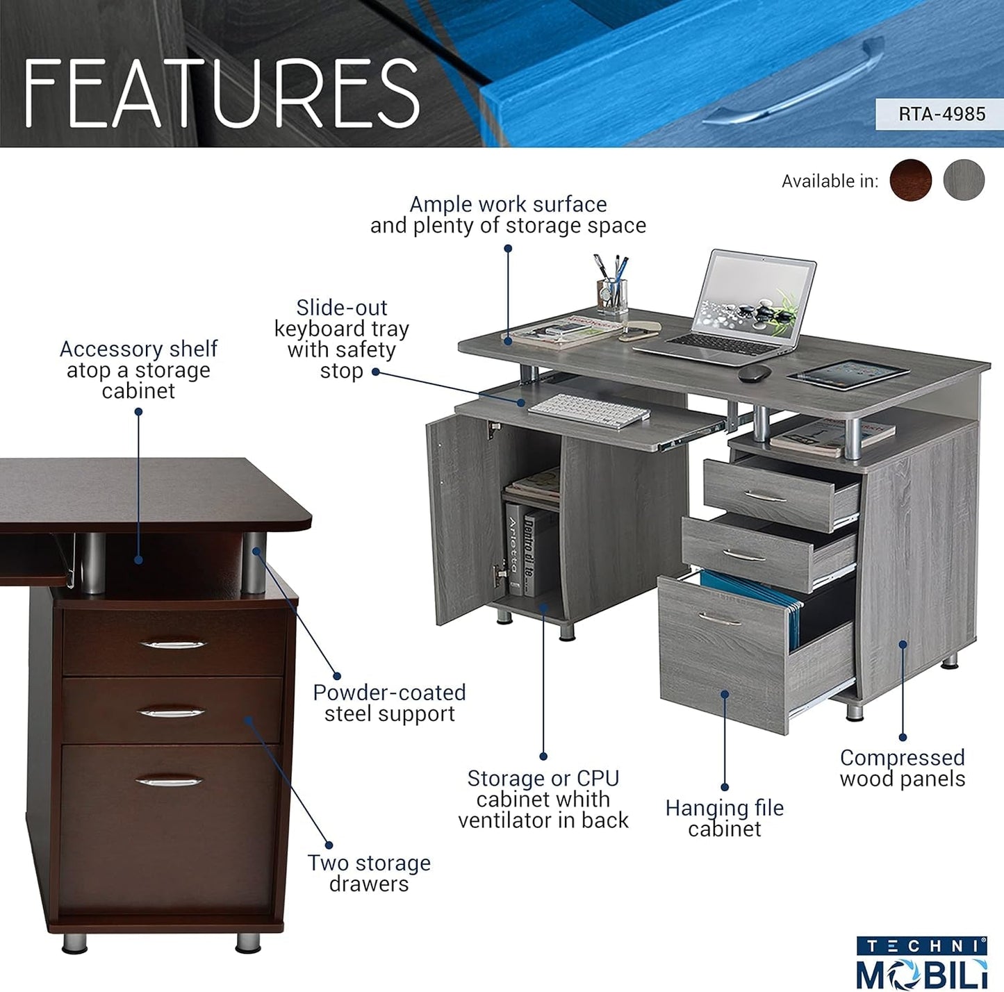 47.5'' Computer Desk with File Cabinet and Drawers, Storage Cabinet with Removable Shelf and Ventilation for CPU, Home Office Desk or Computer Workstation with Keyboard Tray, Grey-3