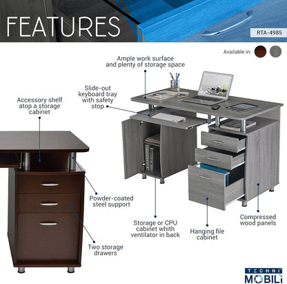 47.5'' Computer Desk with File Cabinet and Drawers, Storage Cabinet with Removable Shelf and Ventilation for CPU, Home Office Desk or Computer Workstation with Keyboard Tray, Grey-3