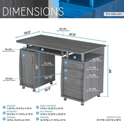 47.5'' Computer Desk with File Cabinet and Drawers, Storage Cabinet with Removable Shelf and Ventilation for CPU, Home Office Desk or Computer Workstation with Keyboard Tray, Grey-2