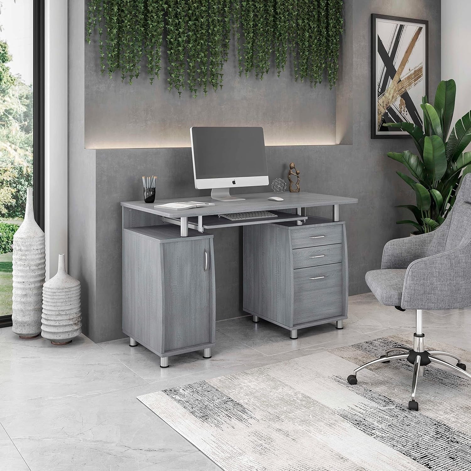 47.5'' Computer Desk with File Cabinet and Drawers, Storage Cabinet with Removable Shelf and Ventilation for CPU, Home Office Desk or Computer Workstation with Keyboard Tray, Grey-1