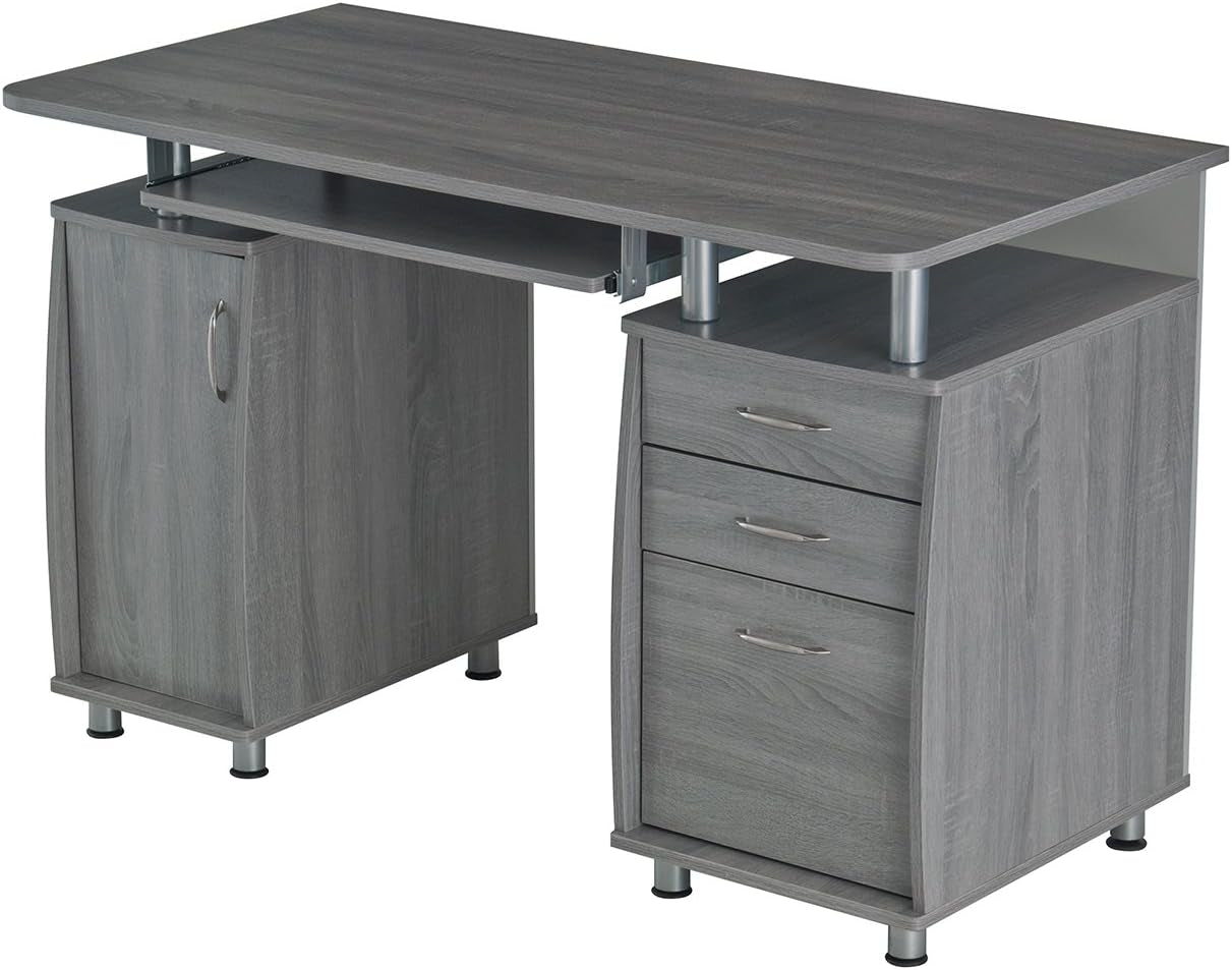 47.5'' Computer Desk with File Cabinet and Drawers, Storage Cabinet with Removable Shelf and Ventilation for CPU, Home Office Desk or Computer Workstation with Keyboard Tray, Grey-4