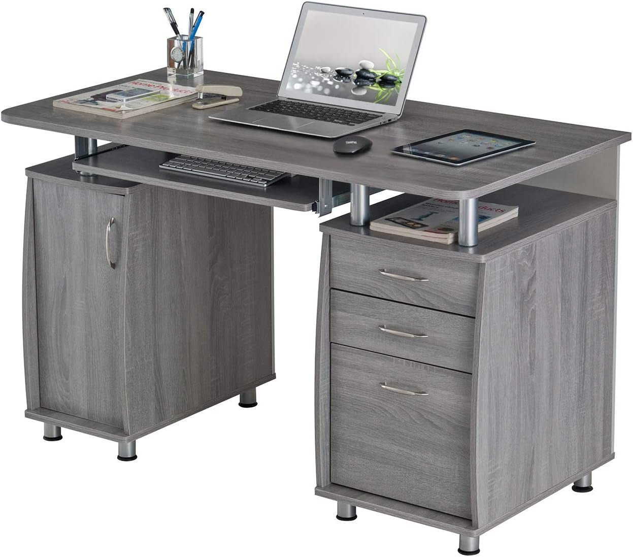 47.5'' Computer Desk with File Cabinet and Drawers, Storage Cabinet with Removable Shelf and Ventilation for CPU, Home Office Desk or Computer Workstation with Keyboard Tray, Grey-0