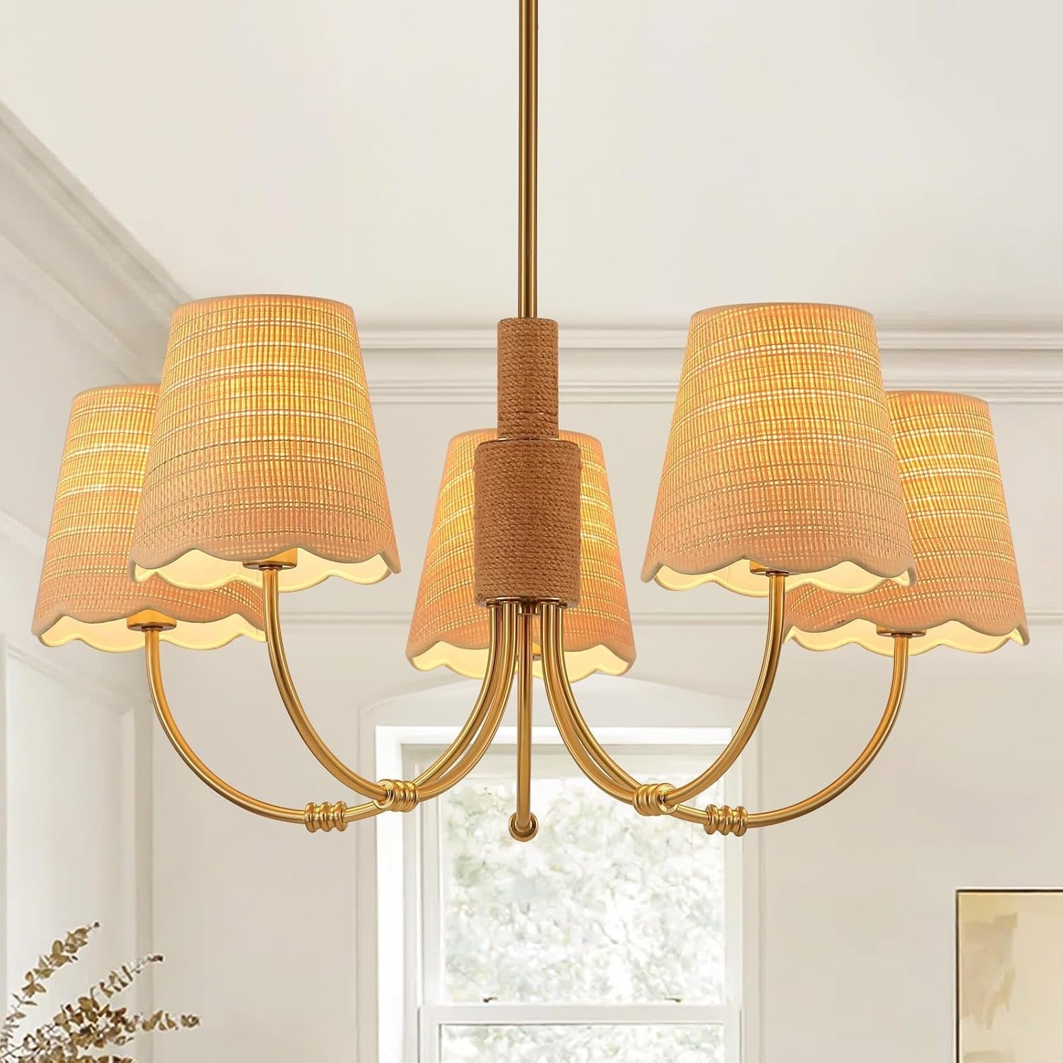 Boho Rattan Chandelier Antique Brass Farmhouse Pendant-0