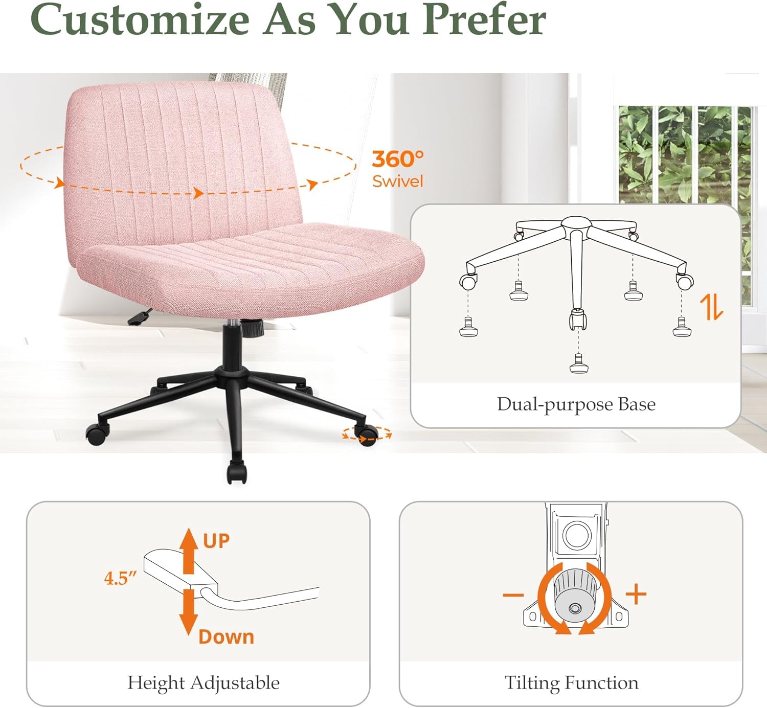 Criss Cross Chair with Wheels, Armless Cross Legged Office Desk Chair, Wide Comfy Vanity Rolling Swivel Modern Comfortable Fabric Computer Task Chairs for Home Office (Pink)-4