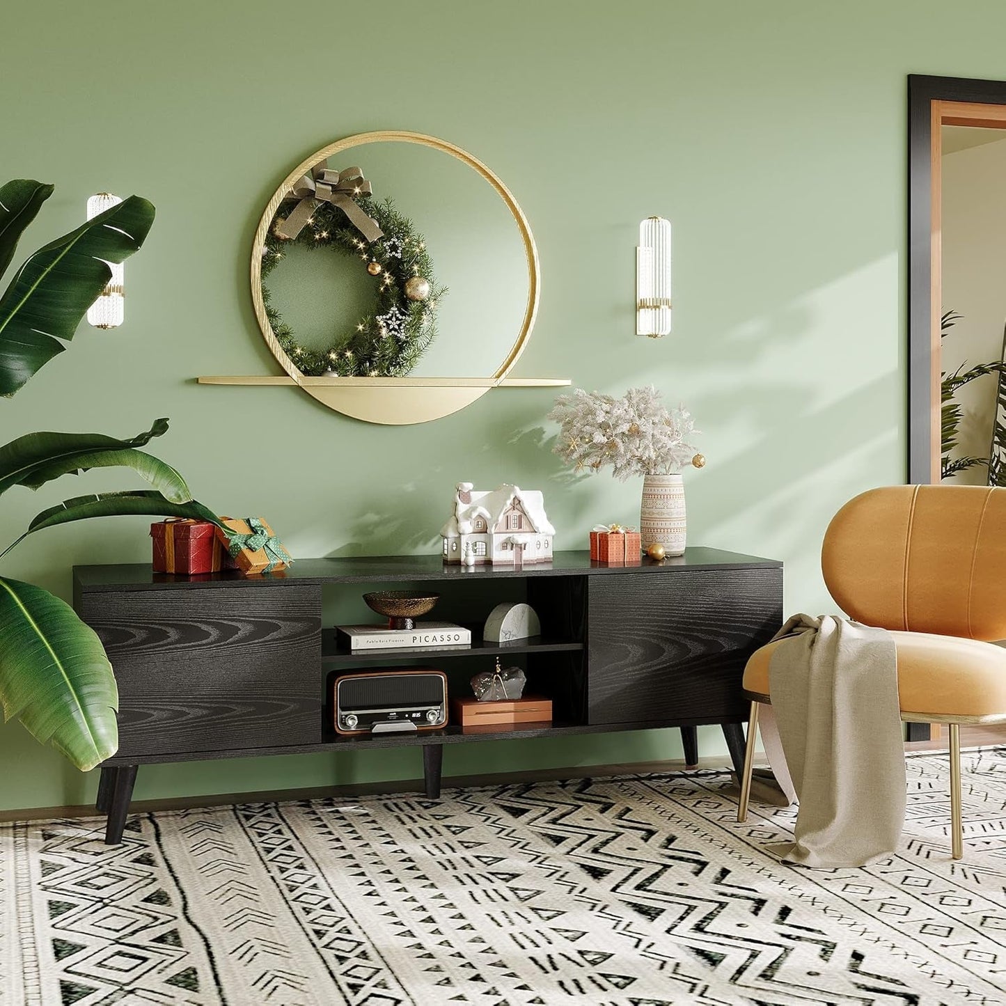 TV Stand for 55 60 Inch TV, Entertainment Center with Storage Cabinets, Rustic TV Console for Living Room Decor, Black-3