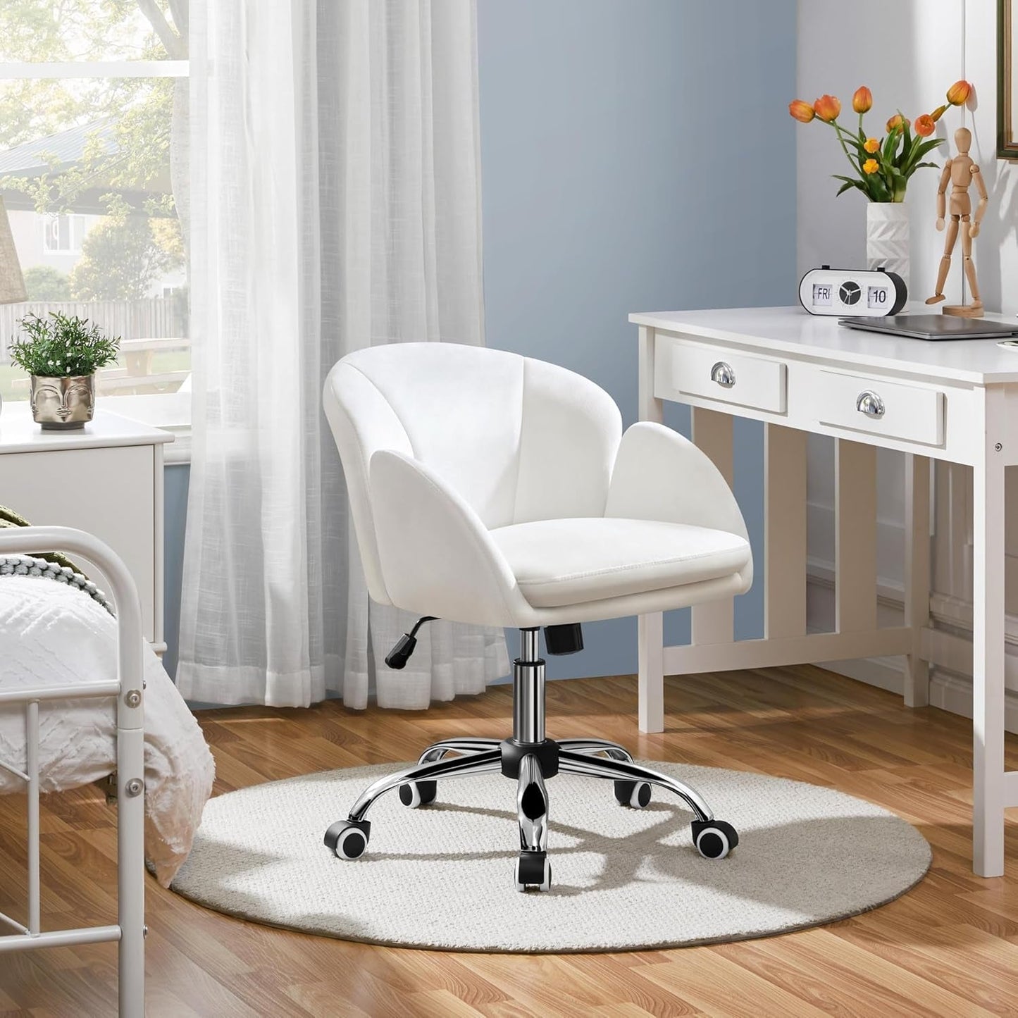 White Desk Chair Petal Cute Office Chair Faux Leather Swivel Desk Chair Vanity Chair with Back Modern Computer Rolling Chair for Bedroom-1