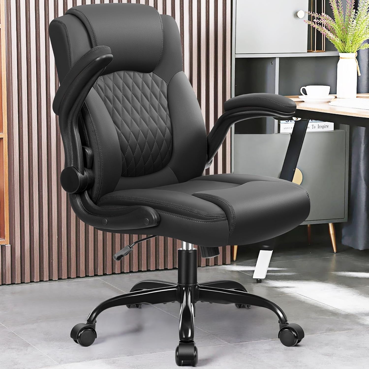 Leather Office Chair, PU Home Computer Desk Chairs with Ergonomic Back Support, 360°Swivel Free，Small Gmaing Chair with Wheels and Adjustable Armrests, for Short People Use, Black-1