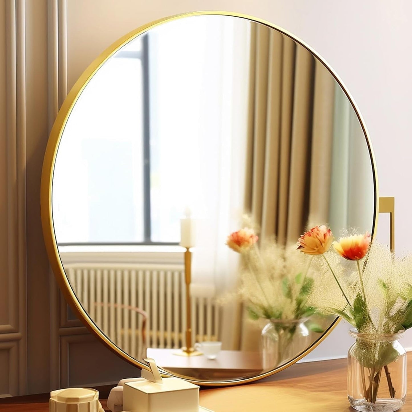 Gold round Mirror, 24 Inch Circle Mirror, Gold Metal Frame, round Wall Mounted Mirrors for Bathroom, Hallway, Living Room, Bedroom.-0