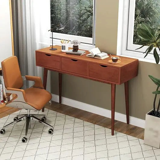 48 Inch Writing Computer Desk with 3 Drawers Solid Wood Legs-Walnut - Color:Walnut - Writing Desk