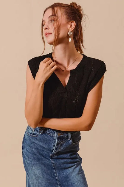 SO ME Notched Neck Cable Knit Sweater Vest