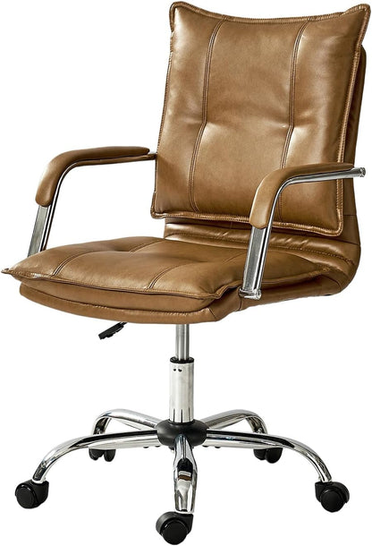 Faux Leather Home Office Desk Chair, Adjustable Swivel Computer Chair with Sliver Legs and Arms, Comfy Upholstered Task Chair(Camel)-3
