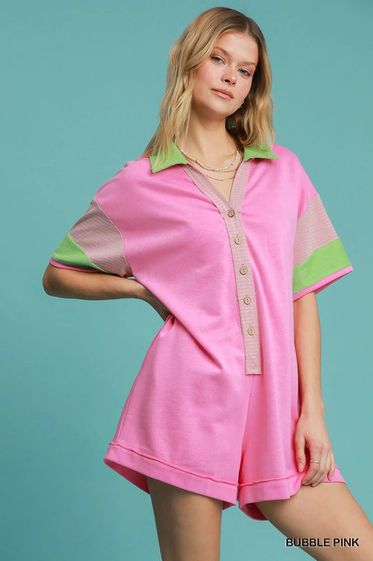 Umgee Contrast Trim Button Front Romper