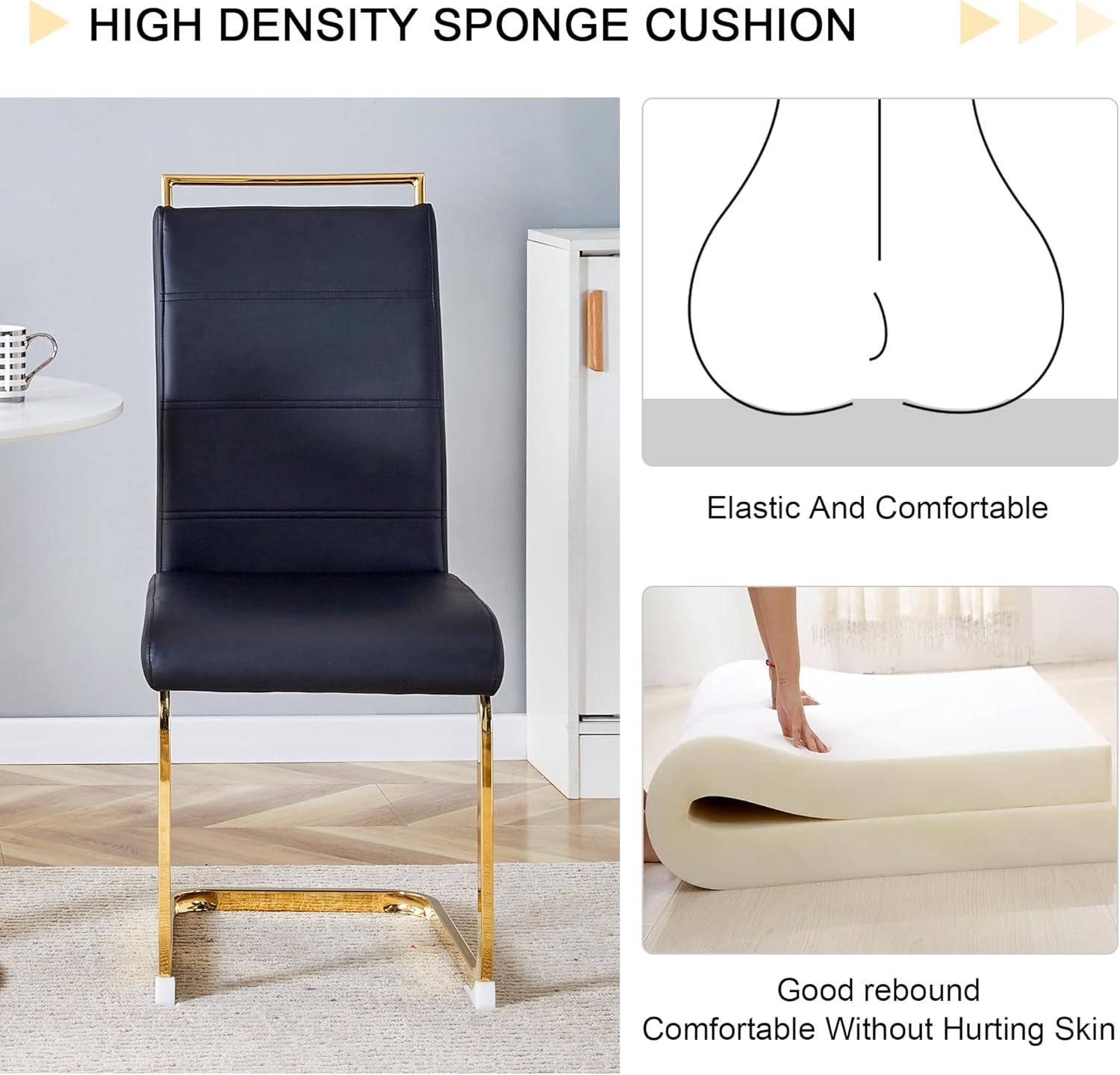 Modern Dining Chairs Set of 4, PU Faux Leather High Back Upholstered Dining Room Side Chair with Horizontal Stripe Backrest Design for Kitchen Living Room Dinner Chairs, Black with Gold Legs-3