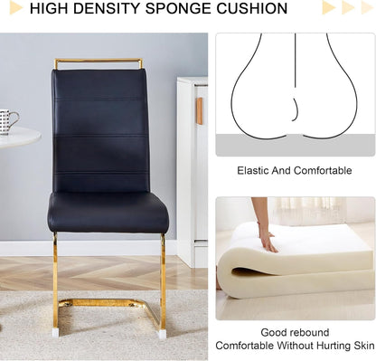 Modern Dining Chairs Set of 4, PU Faux Leather High Back Upholstered Dining Room Side Chair with Horizontal Stripe Backrest Design for Kitchen Living Room Dinner Chairs, Black with Gold Legs-3