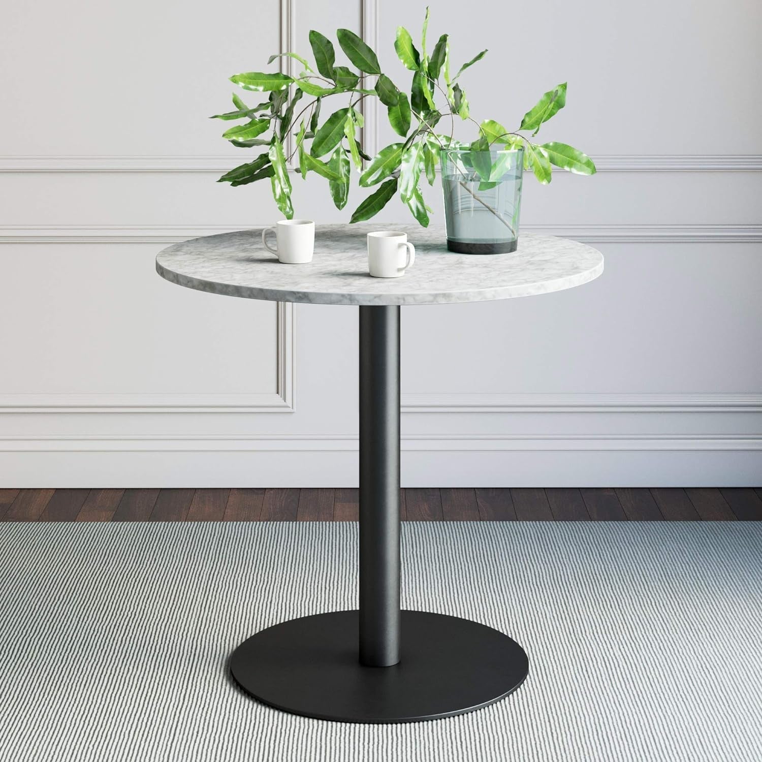 Bistro Lucy Small Mid-Century Modern Kitchen or Dining Table with Faux Carrara Marble Top and Brushed Metal Pedestal Base, Black, 31.5D X 31.5W X 29H In-0