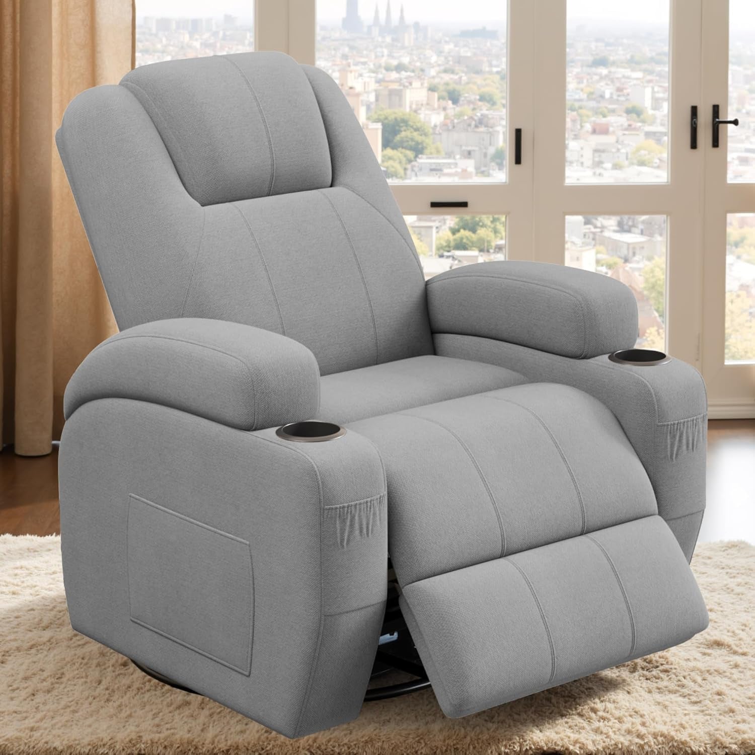Gray Fabric Swivel Rocker Recliner With Vibration Massage-0