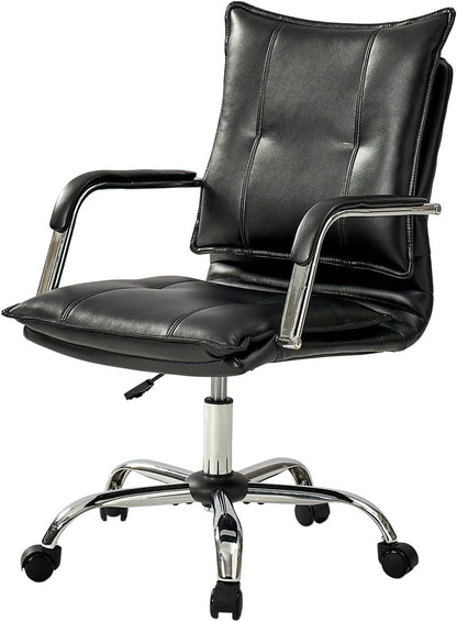 Faux Leather Home Office Desk Chair, Adjustable Swivel Computer Chair with Sliver Legs and Arms, Comfy Upholstered Task Chair(Black)-2