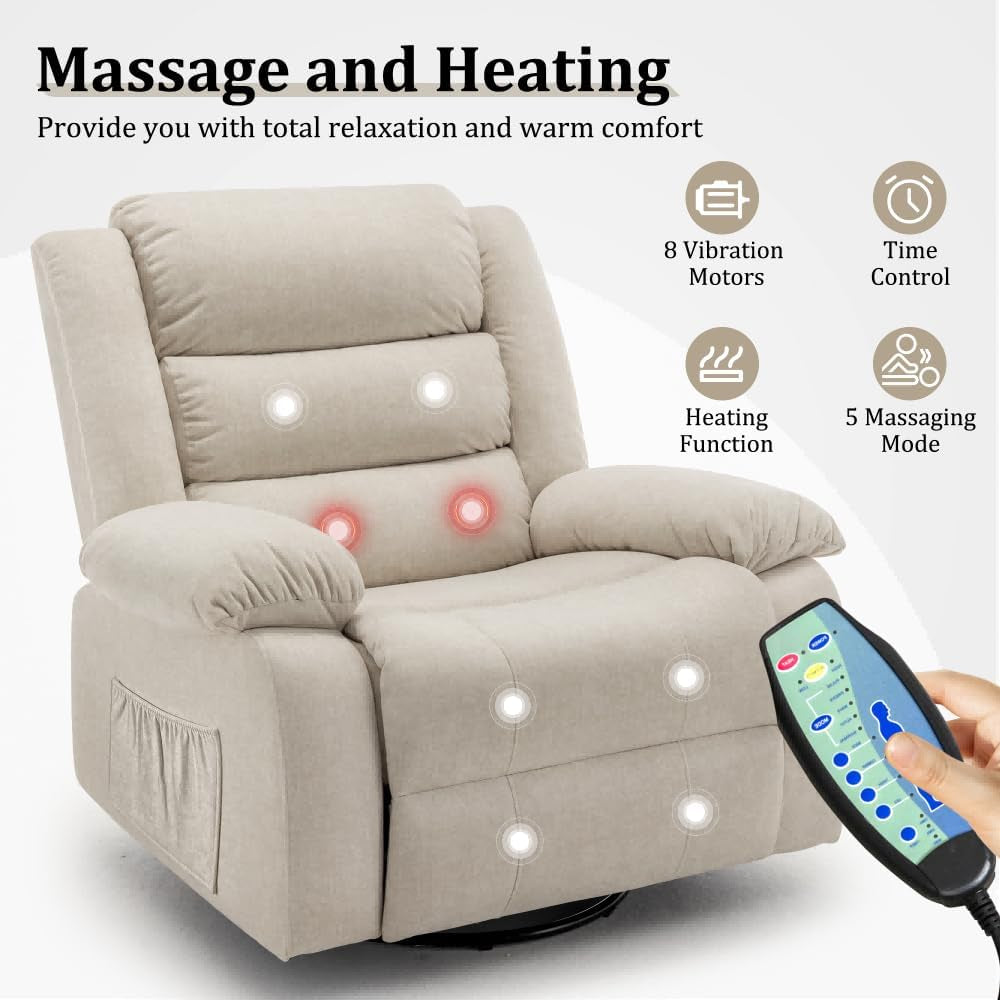 Recliner Chair, Wide Rocker Chair, Rocking Chair with Massage and Heat,360°Swivel Nursery Rocking Chairs, Oversized Recliner for Adults, Cashmere Reclining Sofa for Living Room, Beige-3