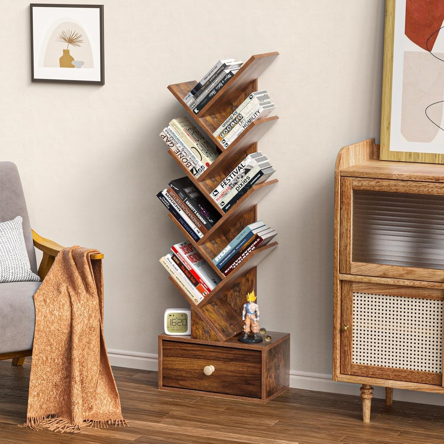 8 Tier Tree Bookshelf with Drawer, Free Standing Wood Bookcase for Narrow Space, Storage Organizer Bookshelves for Books, Book Case for Home Office, Living Room, Bedroom, Rustic Brown-3