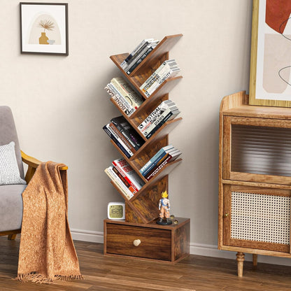 8 Tier Tree Bookshelf with Drawer, Free Standing Wood Bookcase for Narrow Space, Storage Organizer Bookshelves for Books, Book Case for Home Office, Living Room, Bedroom, Rustic Brown-3