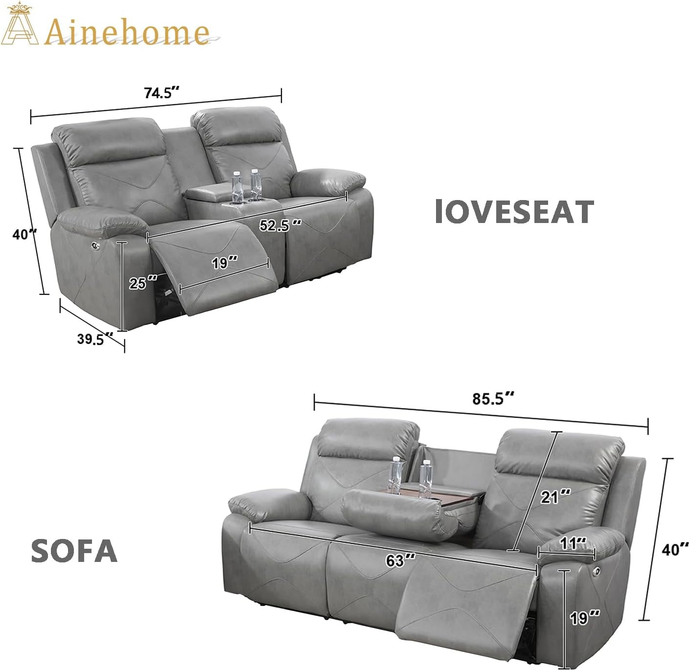 Power Leather Recliner Sofa Sets, 2 Pieces Living Room Furniture Sets with LED Lights, Grey Reclining Sofa Sets with USB Port for House/Office/Rv(A-Grey, Sofa+Loveseat)-1