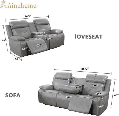 Power Leather Recliner Sofa Sets, 2 Pieces Living Room Furniture Sets with LED Lights, Grey Reclining Sofa Sets with USB Port for House/Office/Rv(A-Grey, Sofa+Loveseat)-1