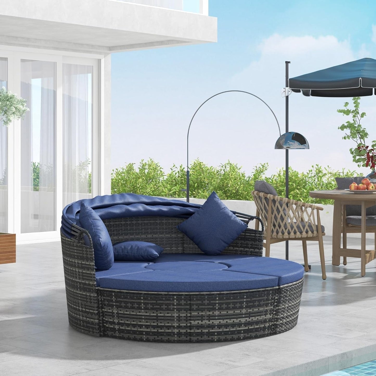 4-Piece round Convertible Daybed with Cushions, Outdoor PE Rattan Patio Wicker Sofa Set, Sunbed with Adjustable Sun Canopy, Sectional Sofa, 2 Chairs, Table, 3 Pillows, Dark Blue-1
