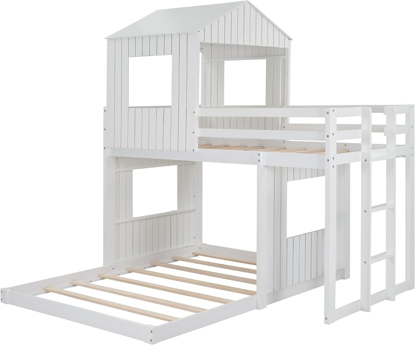 House Bunk Beds, Twin over Full Bunk Bed Wood Playhouse Bunkbed Low Bed Frame for Kids Toddlers Girls/Boys, White-3