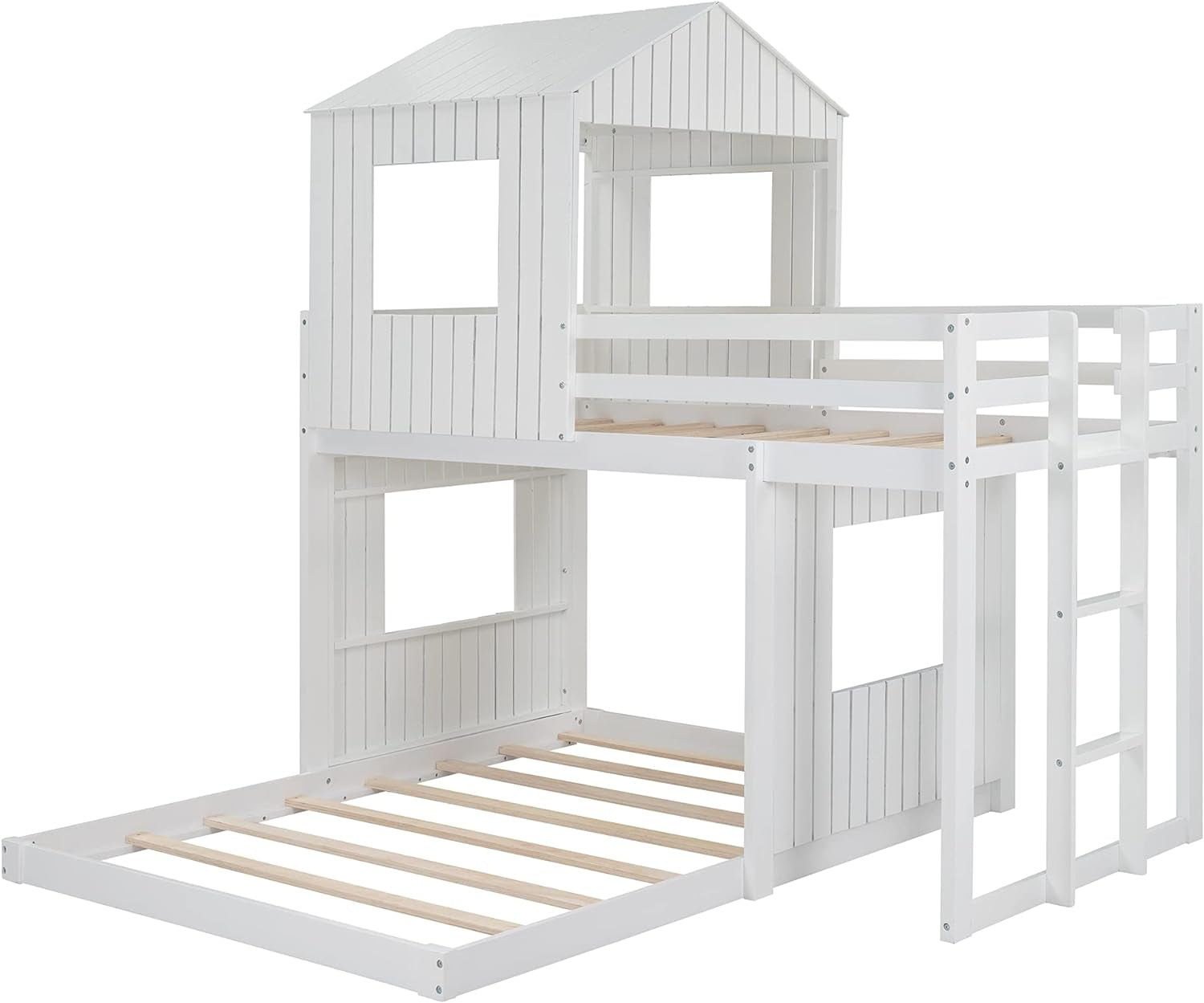 House Bunk Beds, Twin over Full Bunk Bed Wood Playhouse Bunkbed Low Bed Frame for Kids Toddlers Girls/Boys, White-3