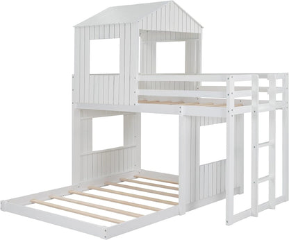 House Bunk Beds, Twin over Full Bunk Bed Wood Playhouse Bunkbed Low Bed Frame for Kids Toddlers Girls/Boys, White-3