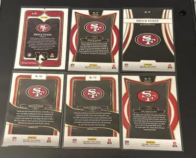 Collection of six Panini Select Football trading cards featuring San Francisco 49ers players