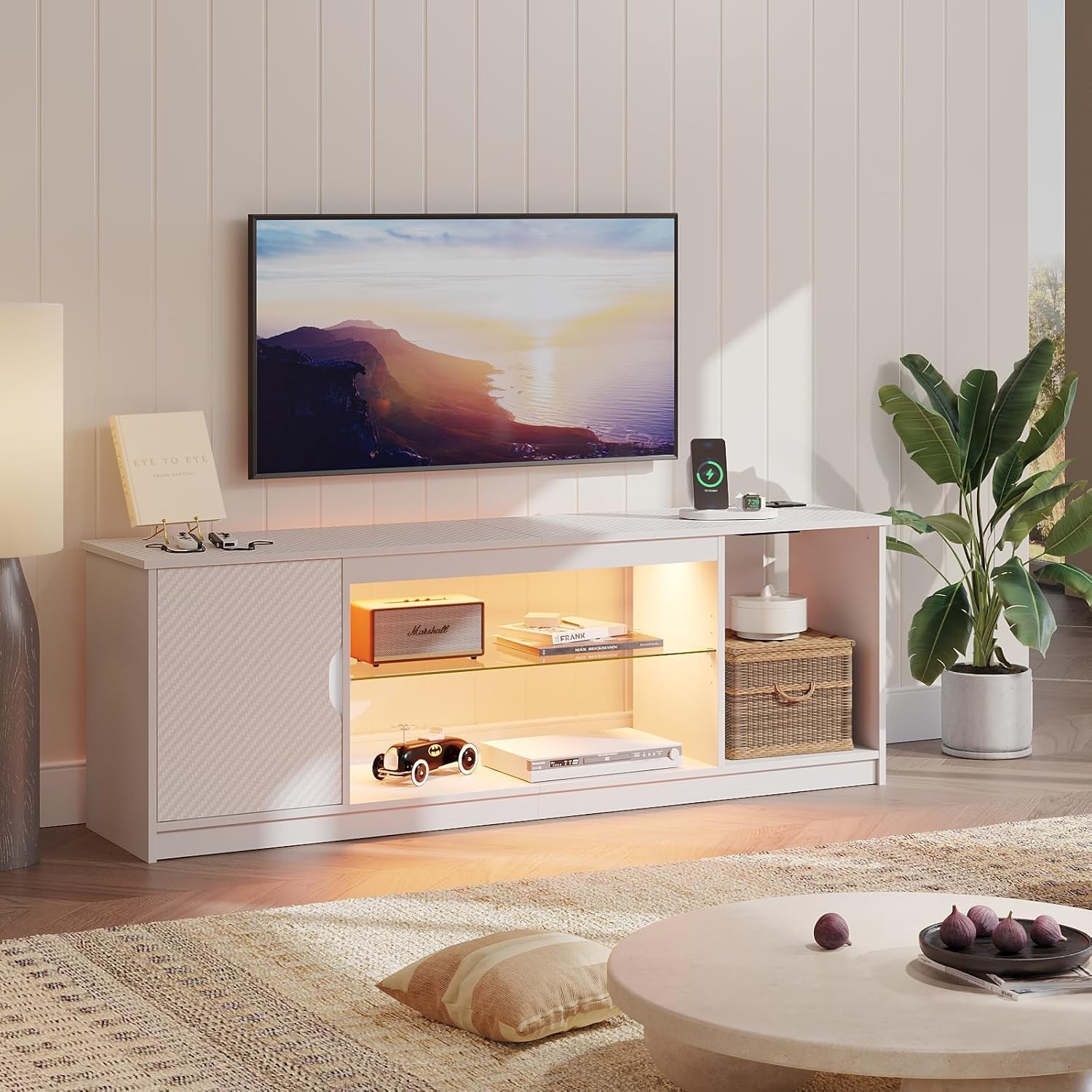 LED TV Stand with Power Outlets for 55/60/65 Inch TV, Gaming Entertainment Center with Cabinet for PS5, Modern TV Cabinet with Adjustable Glass Shelves for Bedroom 58 Inch Carbon Fiber White-1