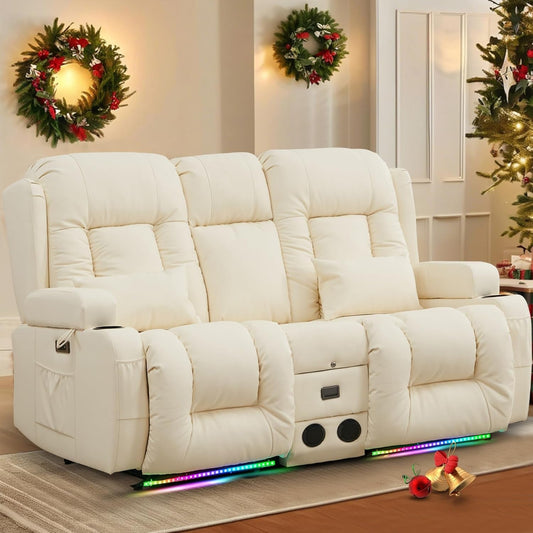 Power Loveseat Recliner Sofa with Massage & Heat Home Theater Seating with Console Electric Recliner RV Sofa with Usb/Outlet/Storage/Side Pocket/Led Light/Speaker (Cream White)-0