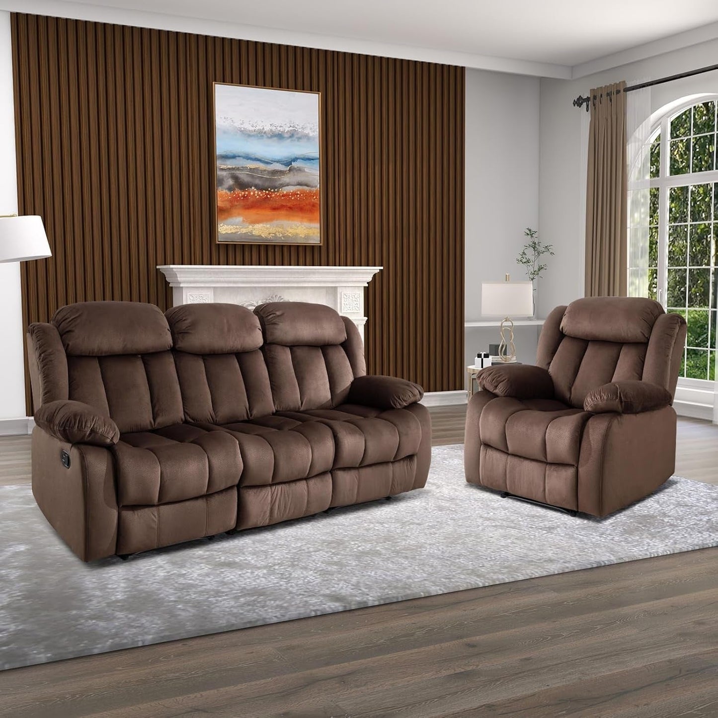 Manual Reclining Sofa Set, Classic Recliner Sofa with Overstuffed Arms and Backrest, Include 1 Recliner Chair and 1 3-Seat Reclining Sofa (Recliner+Sofa)-0