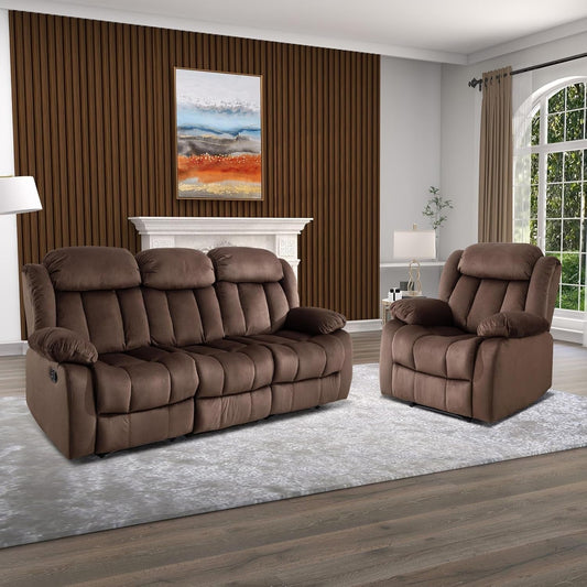 Manual Reclining Sofa Set, Classic Recliner Sofa with Overstuffed Arms and Backrest, Include 1 Recliner Chair and 1 3-Seat Reclining Sofa (Recliner+Sofa)-0