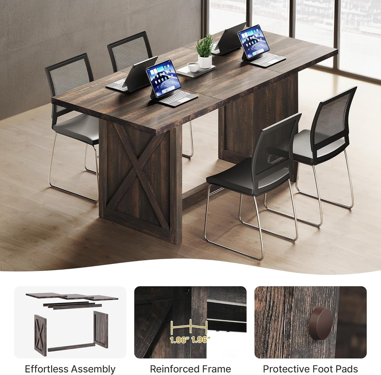 70.8" Large Farmhouse Dining Table for 6 to 8 People, Rustic Style Wood Dinner Table, Rectangular Dining Table for Kitchen, Dining Room & Living Room-3