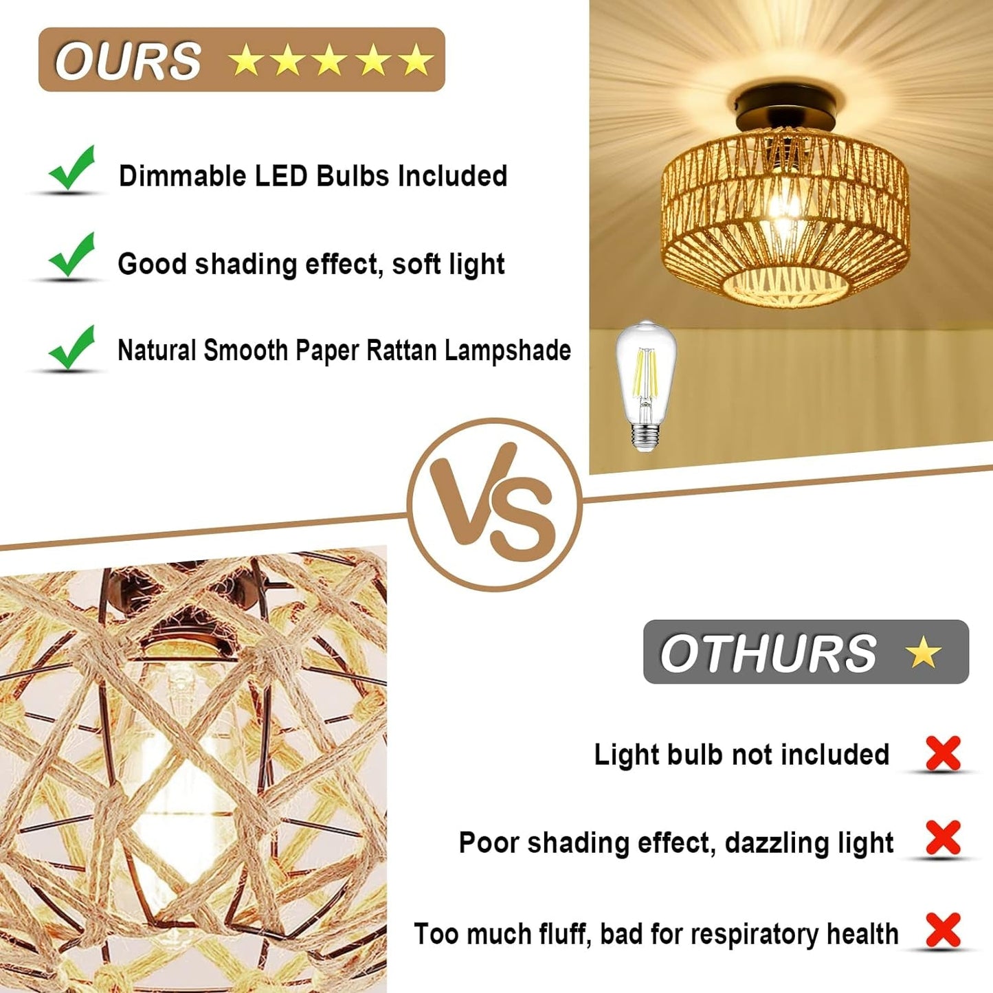 Boho Light Fixtures Ceiling Mount,Mini Rattan Chandelier Light Fixture with Dimmable LED Bulb,Hand Woven Ceiling Light Fixtures Flush Mount for Hallway Bedroom Kitchen Entryway Living Room-1