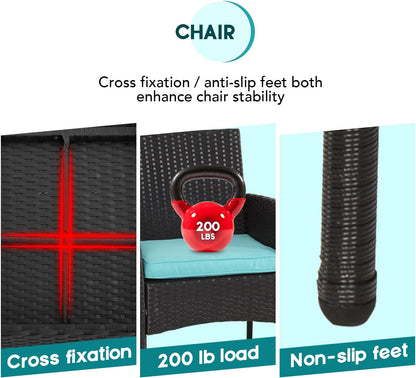 3 Piece Outdoor Furniture Set Patio Wicker Chairs Furniture Bistro Conversation Set 2 Rattan Chairs with Blue Cushions and Glass Coffee Table for Porch Lawn Garden Balcony Backyard-3