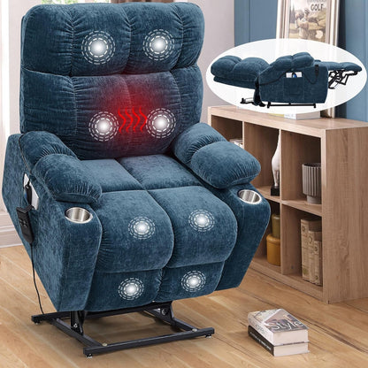 Lay Flat Sleeping Lift Recliner Chair with Heat Vabriation Massage for Elderly,Infinite Position Soft Fabric Power Electric Recliner Sofa Chair with Dual OKIN Motor for Living Room Blue Fabric-0