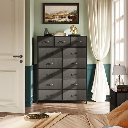 Tall Dresser for Bedroom with 13 Drawers, Storage Dresser Organizer Unit, Fabric Dresser for Bedroom, Closet, Chest of Drawers with Fabric Bins, Steel Frame, Wood Top, Charcoal Black-4