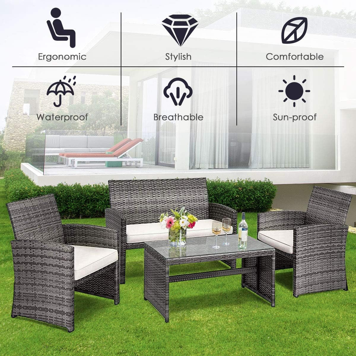 4 PCS Wicker Patio Conversation Set, Outdoor Rattan Sofas with Table Set, Patio Furniture Set with Soft Cushions & Tempered Glass Coffee Table for Poolside Balcony-3