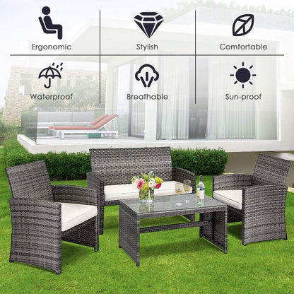 4 PCS Wicker Patio Conversation Set, Outdoor Rattan Sofas with Table Set, Patio Furniture Set with Soft Cushions & Tempered Glass Coffee Table for Poolside Balcony-3