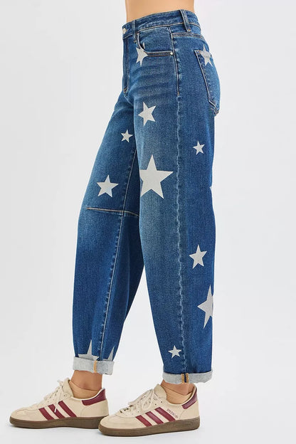 RISEN Mid Rise Ankle Length Relaxed Barrel Star Printed Jeans