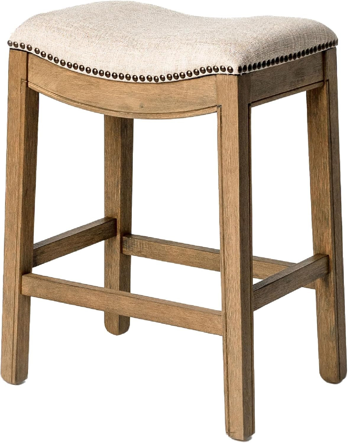 Adrien 26" Wood Counter Height Stool - Handcrafted Natural Wood Finish with Wheat Fabric Upholstered Saddle Seat for Comfort - Durable Barstool for Kitchen Islands, Dining Rooms-0