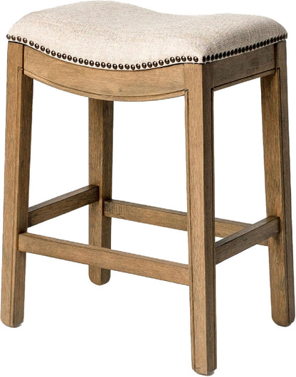 Adrien 26" Wood Counter Height Stool - Handcrafted Natural Wood Finish with Wheat Fabric Upholstered Saddle Seat for Comfort - Durable Barstool for Kitchen Islands, Dining Rooms-0