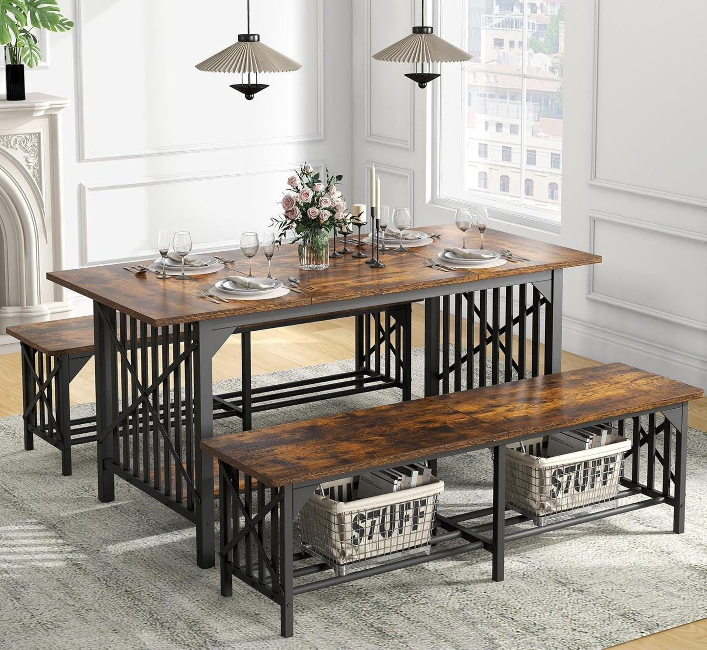 3-Piece Dining Table Set for 4-6 People, 63" Dining Room Table with 2 Benches, Industrial Rectangular Dining Room Table Set with Storage for Kitchen, Dining Room, Rustic Brown-0